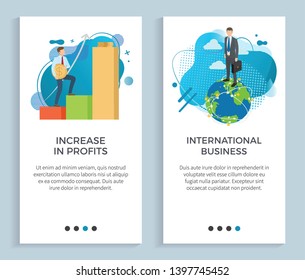 International business vector, businessman holding briefcase standing on planet earth, infocharts and stats, graphs text, relation of company set. Website or app slider, landing page flat style
