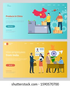 International business vector, hire employees from india. Workers from other countries, produce in china, partnership with oriental cultures. Website or webpage template, landing page flat style