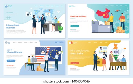 International business vector, sell in usa and europe marketplace and produce in China, hire employees from India, Chinese map with flag parcels with products. Website or app slider, landing page flat