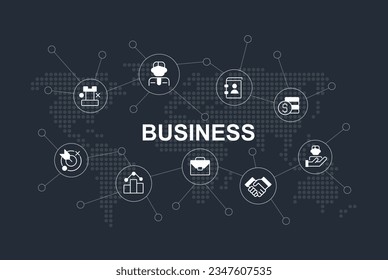 International business word concept design template with icons. Infographics with text and editable white glyph pictograms. Vector illustration for web banner, presentation. Montserrat font used