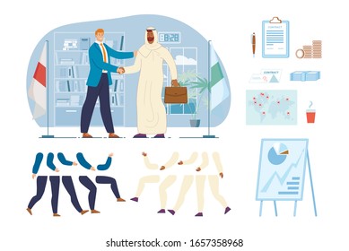 International Businessmen, Politics Characters Constructor. Caucasian Entrepreneur, Diplomat Handshaking with Arabian Business or Diplomatic Partner, Business Elements Trendy Flat Vector Illustration