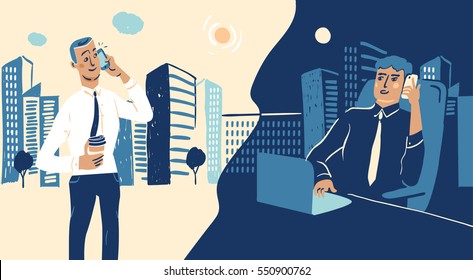 International businessmen talking on the phone, solving problems together as one has morning coffee and the other works on his laptop into the night.