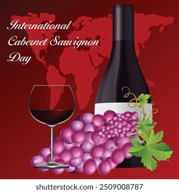 Ilustração internacional do vetor do dia de Cabernet Sauvignon. A ilustração vetorial retrata uma garrafa de vinho Cabernet Sauvignon, uma taça de vinho tinto e um cacho de uvas.