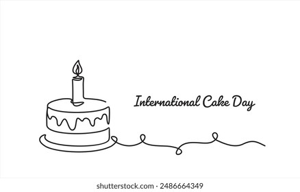 International cake day. Continuous one line drawing of Cake isolated on white background. Vector illustration of sweet dessert form in trendy outline styl