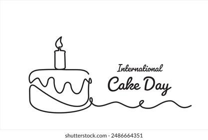 International cake day. Continuous one line drawing of Cake isolated on white background. Vector illustration of sweet dessert form in trendy outline styl