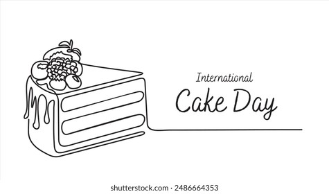 Día internacional del pastel. Dibujo continuo de una línea de pastel aislado sobre fondo blanco. Ilustración vectorial de dulce forma de postre en estilo de contorno de moda