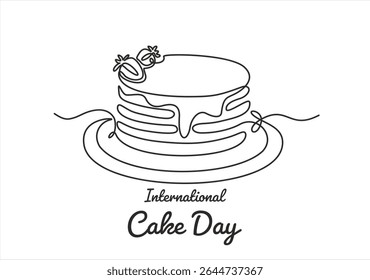 International cake day. Continuous one line drawing of Cake isolated on white background. Vector illustration of sweet dessert form in trendy outline style. Hand drawn one line vector. Editable stroke