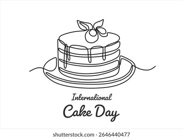 International cake day. Continuous one line drawing of Cake isolated on white background. Vector illustration of sweet dessert form in trendy outline style. Hand drawn one line vector. Editable stroke