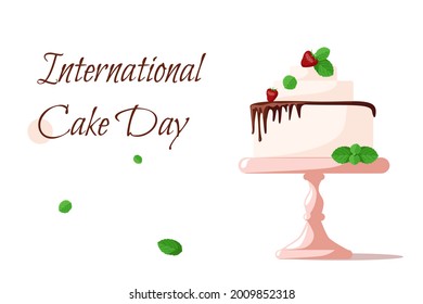 International Cake Day. Delicate Sponge Strawberry Cake With Berries, Chocolate And Mint Leaves On A Pink Stand. Vector Cartoon Illustration For A Holiday, For A Postcard