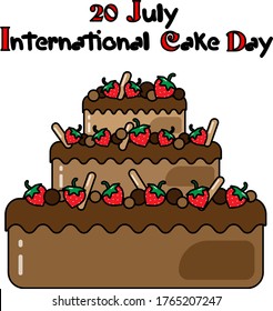 International Cake Day. July 20. Flat illustration of an inscription among cake. Suitable for greeting card, poster and banner. Baking, cooking, holiday concept.