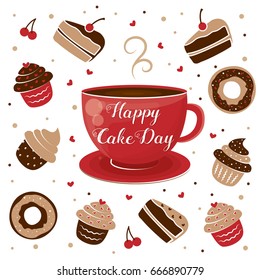 International Cake Day. Mug of tea and muffin. July 20.