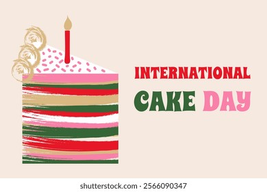 International Cake Day. Piece of pie with candle and text. Banner vector illustration.