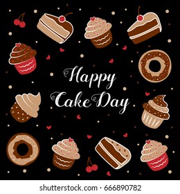 International Cake Day. Vector illustration of an inscription among cupcakes, cakes, and donuts. July 20.