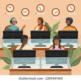 International Call Center With Multicultural People. Diverse Customer Service Concept Vector Illustration. Customer Phone Service And Business Hotline. Office Workers With Headsets