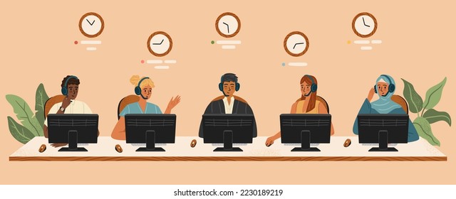 International call center with people from different countries. Diverse customer service concept vector illustration. Customer phone service and business hotline. Office workers with headsets