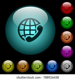 International call icons in color illuminated spherical glass buttons on black background. Can be used to black or dark templates