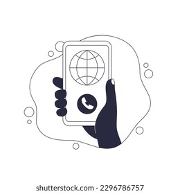 icono del vector de llamadas internacionales con un teléfono en la mano