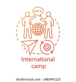 International camp concept icon. Meeting new people abroad, experiencing foreign cultures idea thin line illustration. Travelling around globe, world. Vector isolated outline drawing. Editable stroke