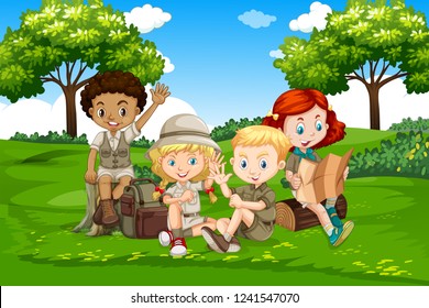 International camping kids in nature illustration