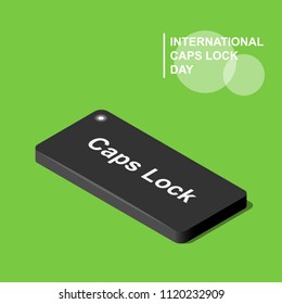 International caps lock day isometric vector icon. 3d key with light indicator isolated on green background.