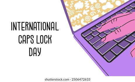 International Caps Lock Day. Laptop screen and keyboard, finger pressing the caps lock button. Typing text in capital letters. Funny holiday. Vector illustration isolated on transparent background.