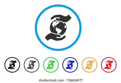 International Care rounded icon. Style is a flat international care gray symbol inside light blue circle with black, gray, green, blue, red, orange color versions.