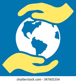 International Care vector icon. Style is bicolor flat symbol, yellow and white colors, rounded angles, blue background.