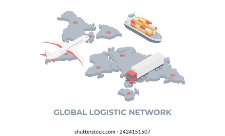 International cargo delivery concept. Different types of cargo transport. Sending packages around world destination global or international with isometric vector.