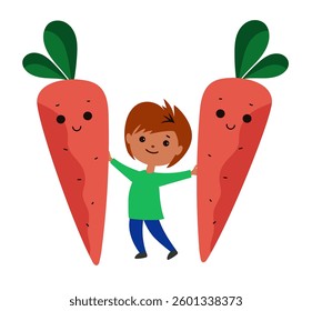 International carrot day. Cute kawaii cartoon child and carrot character. Fun carrot isolated on white background. flat vector illustration	
