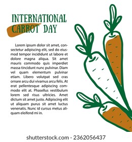 International carrot day. Doodle green vegan post with place for text. Hand drawn vector illustration. Instagram post