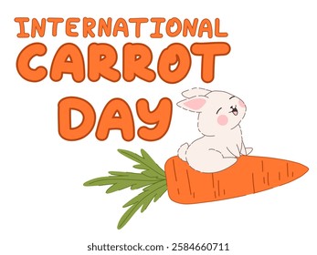 International Carrot Day lettering with a kawaii rabbit and carrot. Cute and cheerful composition with cute bunnies. Vector illustration. Ideal for greeting cards, social media, stickers, posters