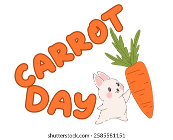 International Carrot Day text with kawaii rabbit and carrot. Playful and colorful holiday design. Vector illustration for greeting cards, eco-friendly packaging, posters, invitations, web decor