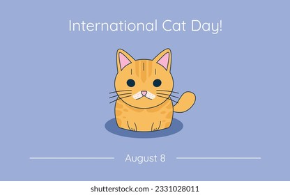 International Cat Day banner with cute flat cat on a light blue background, Cat Day invitation, celebration of August 8.