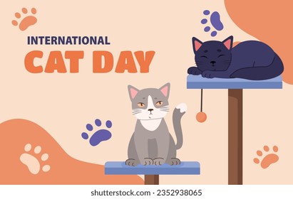 International cat day banner. Cute kittens at scratching post. Holiday, event and festival. Playful domestic animals and pets. Kindness and charity. Cartoon flat vector illustration