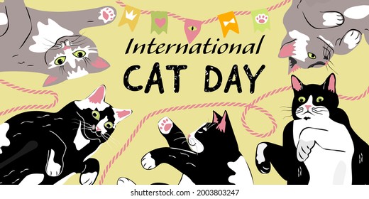 International Cat Day banner with funny cats lying in different poses and garlands with colorful flags.Flat cartoon style decorative  elements with text.Vector promotional template.