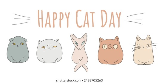 International Cat Day Banner. Happy cats day. Funny Cute Cats in Pastel Colours with Different Breeds.