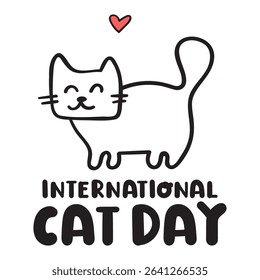 International cat day. Banner. Outline design. Happy cat. Illustration on white background.