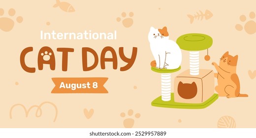 International cat day banner template. Cartoon vector poster with cute cats and text.