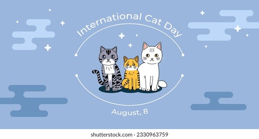  Banner del Día Internacional del Gato con tres lindos gatos en un fondo de cielo nocturno, invitación al Día del Gato, celebración del 8 de agosto.