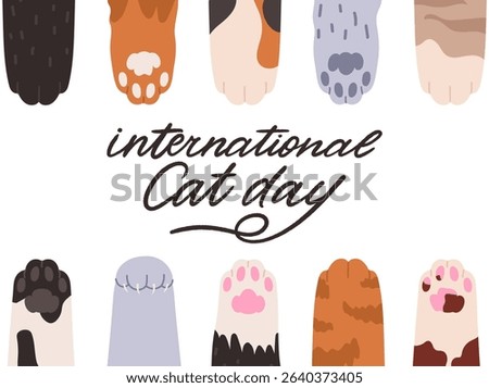 International Cat Day banner , vector template. Cute hand drawn cat paws with calligraphy isolated on white background