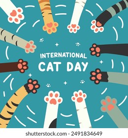 Día Internacional del Gato Celebra la Amistad entre Humanos y Gatos en el mes de agosto en la ilustración de fondo de dibujos animados de Pata de Gato Lindo