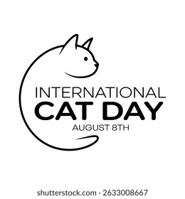 International cat day celebration graphic design with playful black and white cat illustration
