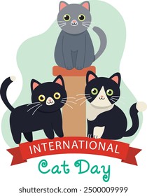 International Cat Day concept in flat style. Vector illustration with three cute cats