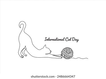 International cat day. Continuous one line drawing of Cat playing toy ball. Vector illustration