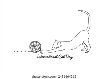 International cat day. Continuous one line drawing of Cat playing toy ball. Vector illustration