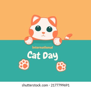 International cat day design in cartoon style. Isolated vector illustration white and orange kitten for banner, poster, post card