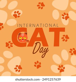 International Cat Day event animal banner. Bold text with a ginger cat and elements with paws on bright orange background to celebrate on August 8th