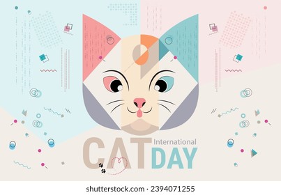 Día Internacional del Gato. 20 de febrero.
Cara de gato con líneas rectas y colores planos rodeados por símbolos de estilo Memphis.