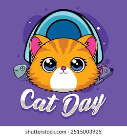 International Cat Day funny vector hand drawn cartoon illustration for sticker, badge, patch, banner, greeting card, invitation