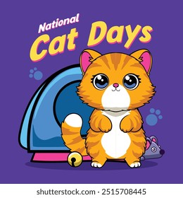 International Cat Day funny vector hand drawn cartoon illustration for sticker, badge, patch, banner, greeting card, invitation